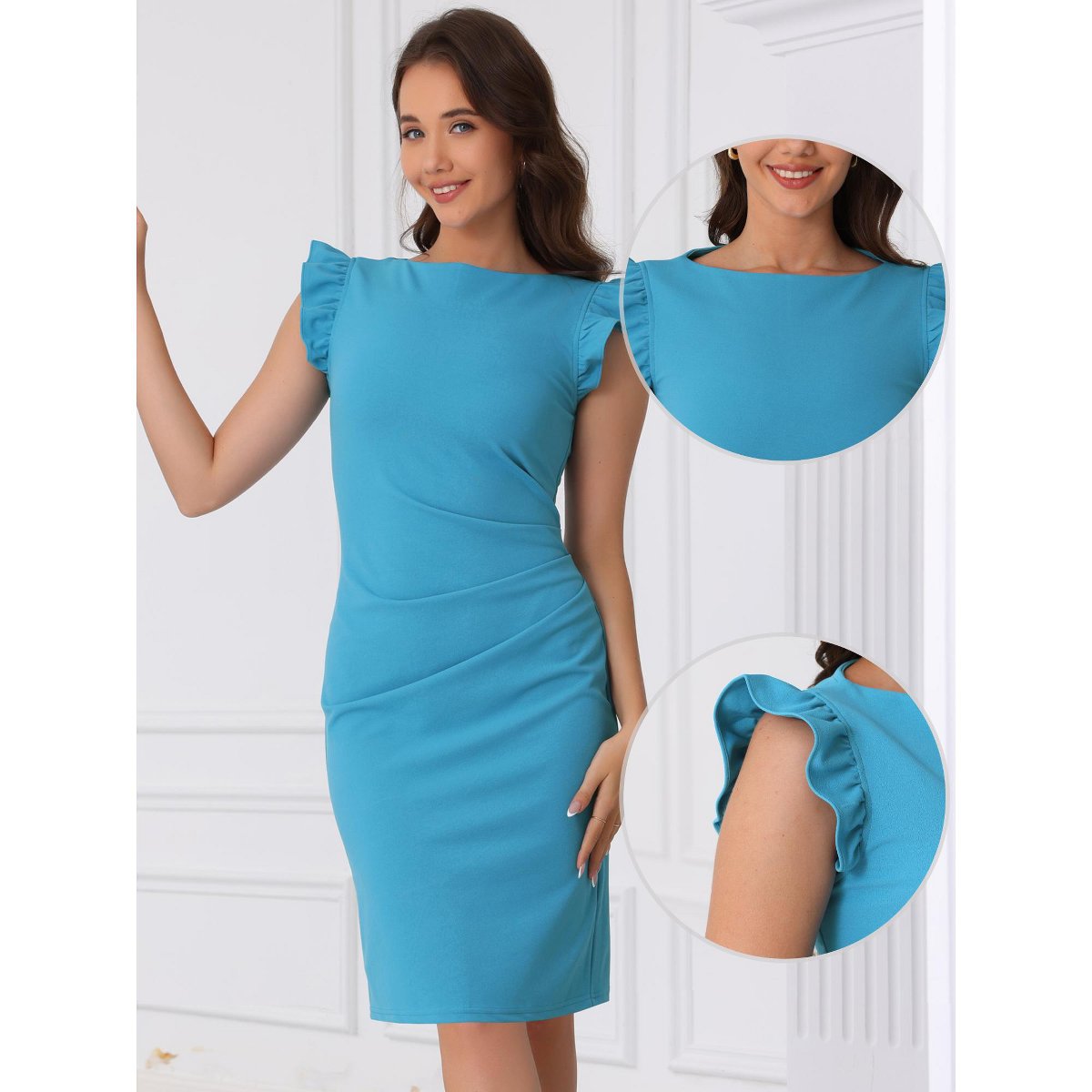 Женские платья INSPIRE CHIC Women's Summer Sheath Boat Neck Ruffle Sleeve Ruched Cocktail Work Dresses Blue X-Large — фото 2