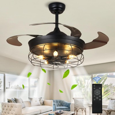 Ludomide 36" Retractable Ceiling Fan with Lights, Industrial Fandelier, Vintage Black Cage Fan for Living Room and Bedroom