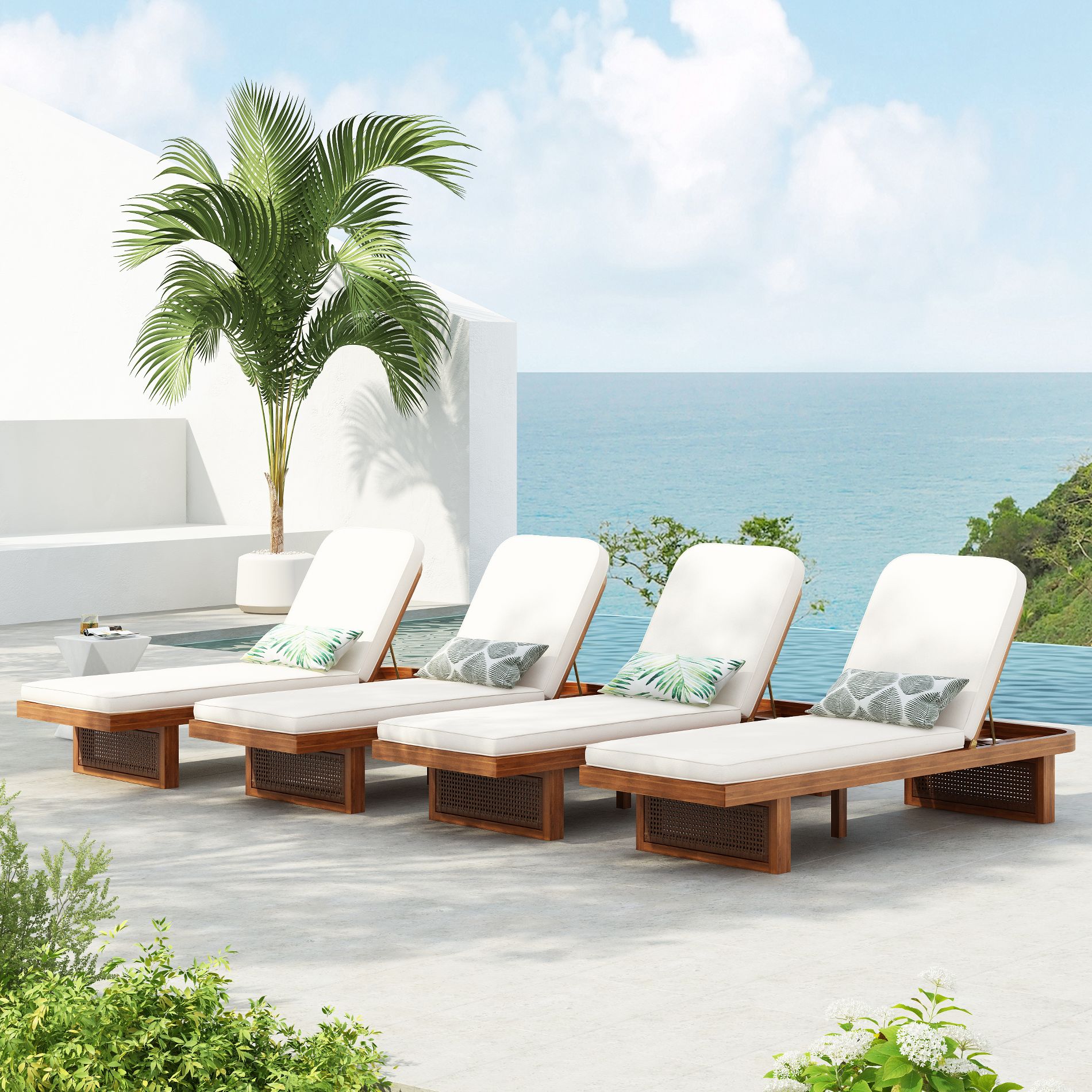 Christopher Knight Home Rourke Modern Outdoor Acacia Wood Rattan Lounge Chair with Adjustable Backrest and Cushion, Natural/Beige, Set of 4