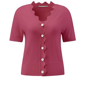 INSPIRE CHIC Women's Short Sleeve V Neck Button Down Wave Trim Summer Knit Cropped Cardigan - 1 of 4