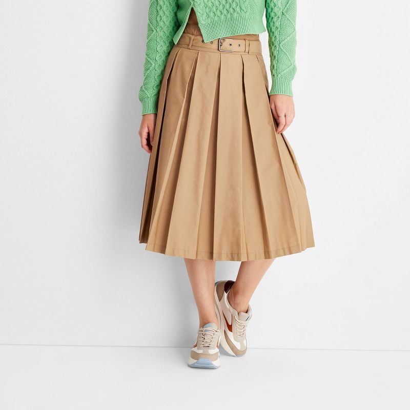 Women's Belt Buckle Pleated Midi Skirt - Future Collective™ with Reese Blutstein Tan, 1 of 10
