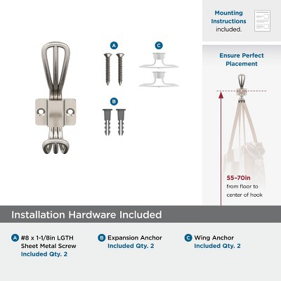 Satin Nickel Double Prong Decorative Wall Hook