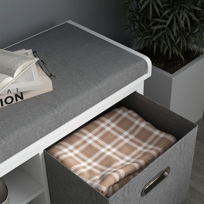 White and Gray Fabric Shoe Storage Bench with Cushion and Drawers