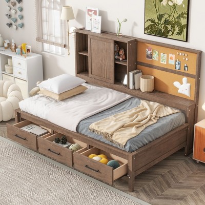 Whisen Twin Size Lounge Daybed with Storage Shelves, Cork Board, USB Ports and 3 Drawers
