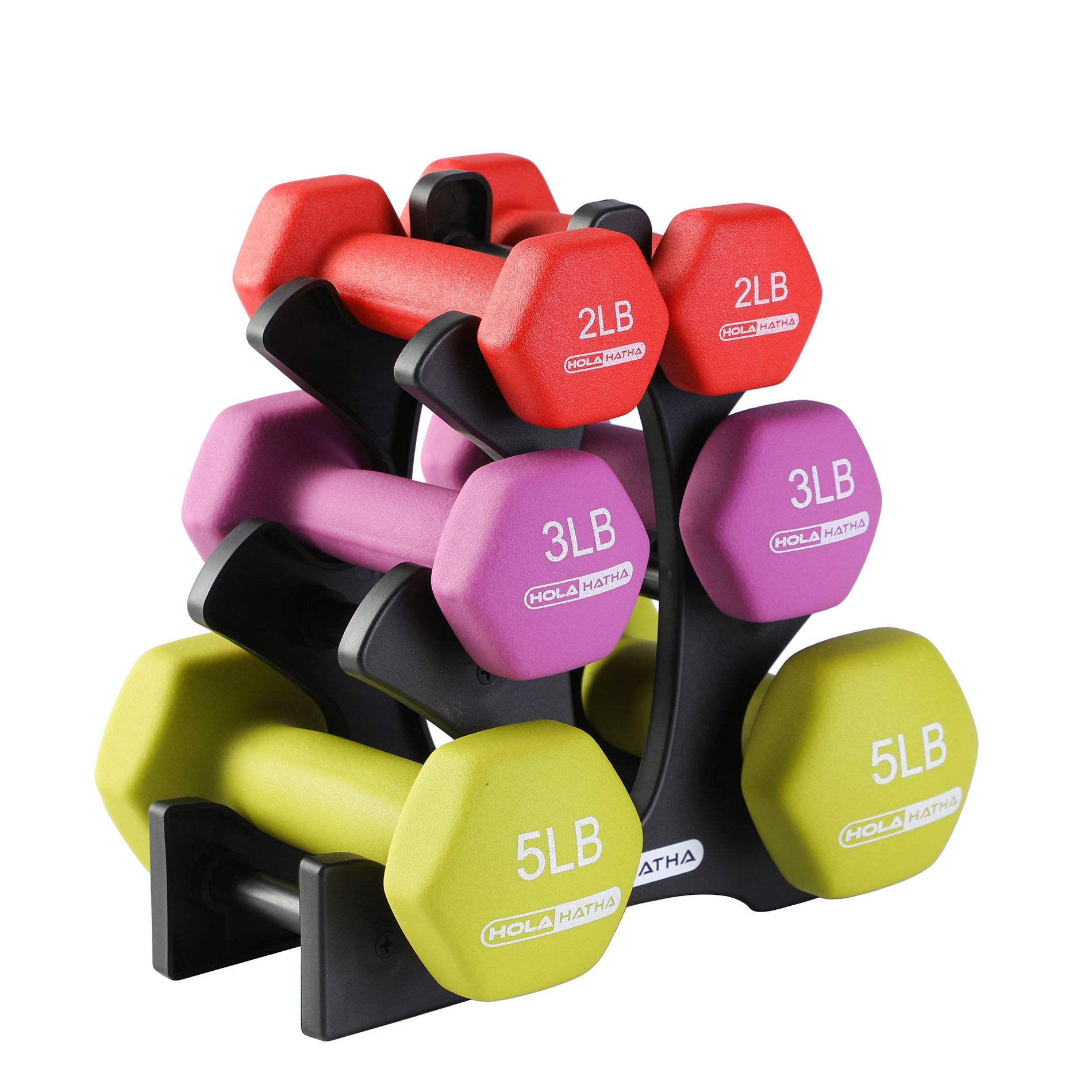 HolaHatha 2-5 lbs Rubber Encased Hexagon Non Slip Dumbbell Weight Set with Rack