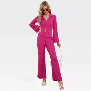 Womens 2 Piece Loungewear Sets with Long Sleeve Button Down Blouse and Wide Pajama Pants - 1 of 4
