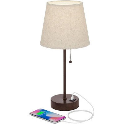 Bronze Metal Table Lamps with Beige Fabric Drum Shade and USB Ports