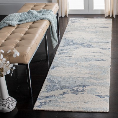 Hand Tufted Ivory and Blue Wool Runner Rug, 2'-3" x 18'