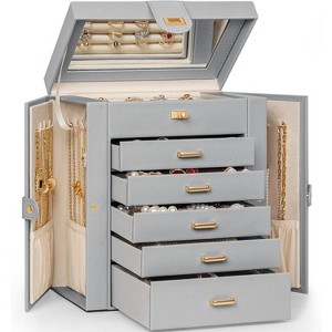 Large Lockable Leather Jewelry Box with Mirror, Huge Organizer Storage Case for Necklaces, Earrings, Rings, Bracelets - 1 of 4