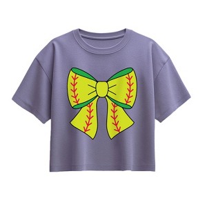 Girls' - Instant Message - Softball Bow Short Sleeve Boxy Graphic T-Shirt - 1 of 3