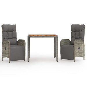 vidaXL 3 Piece Patio Dining Set with Cushions Gray Poly Rattan - 35.4" Table Length 2x Armchair + Table - 1 of 4