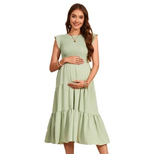 Summer Maternity Dress Ruffle Tiered Dress Smocked Shirred Midi Dress with Mini Cap Sleeve Round Neck Flowy Dress for Baby Shower Photography - 1 of 4
