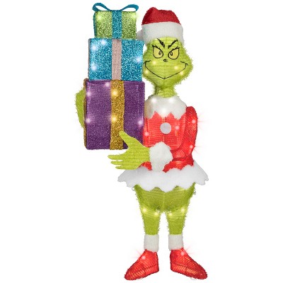 Gemmy 3D Holiday Lighted Tinsel Sculpture Grinch w/Present Stack Dr. Seuss, Multicolored