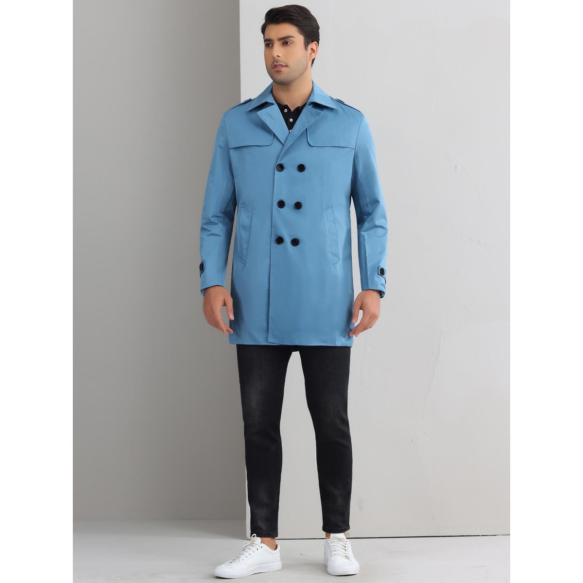 Мужские куртки INSPIRE CHIC Men's Notch Lapel Double Breasted Windbreaker Trench Coat Blue Large — фото 2