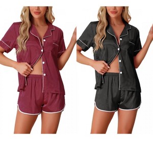 INSPIRE CHIC Women's 2 Pcs Satin Pajamas Silky Short Sleeve Button Down Pajama Sets - 1 of 4