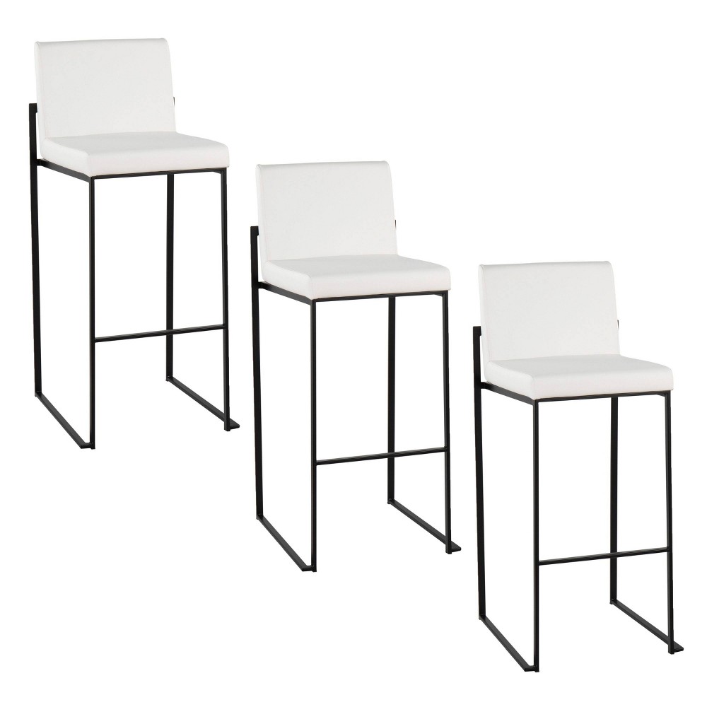 LumiSource Set of 3 Fuji High Back Barstools Black Steel/White PU