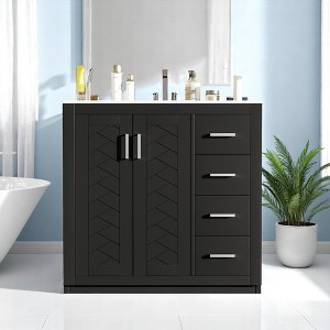 Mshliw 36 Inch Bathroom Vanity with Ceramic Sink, Freestanding Storage Cabinet with 3 Drawers and Soft-Close Doors, Solid Wood Frame - 1 of 4