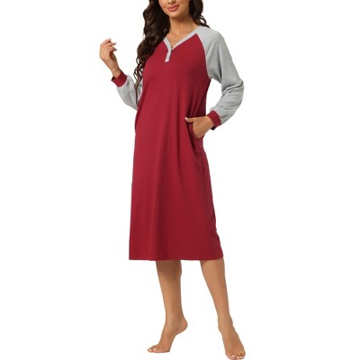 cheibear Women's Sleepshirt Pajama Dress Long Sleeves with Pockets Henley  Lounge Nightgown Red Small