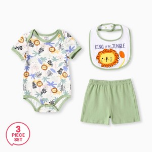 PATPAT 3 Piece Baby Boy Lion Animal Print Romper Short Sleeve Onesie  Shorts and Bib Outfit Set - 1 of 4