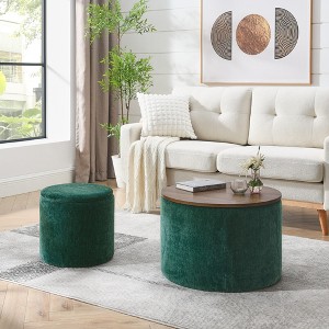 Lycvki 2-Piece Set Round Chenille Storage Ottoman with Small Stool and MDF Desktop Panel - 1 of 4