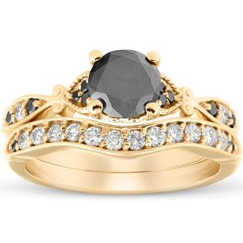 Pompeii3 1 3/4 Ct Black & White Diamond Engagement Wedding Ring Set 10k Yellow Gold