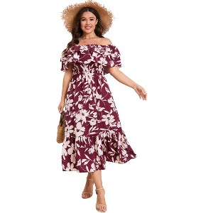 Women Plus Size Off Shoulder Maxi Dress Ruffle Flowy Summer Casual Boho Long Dresses - 1 of 4