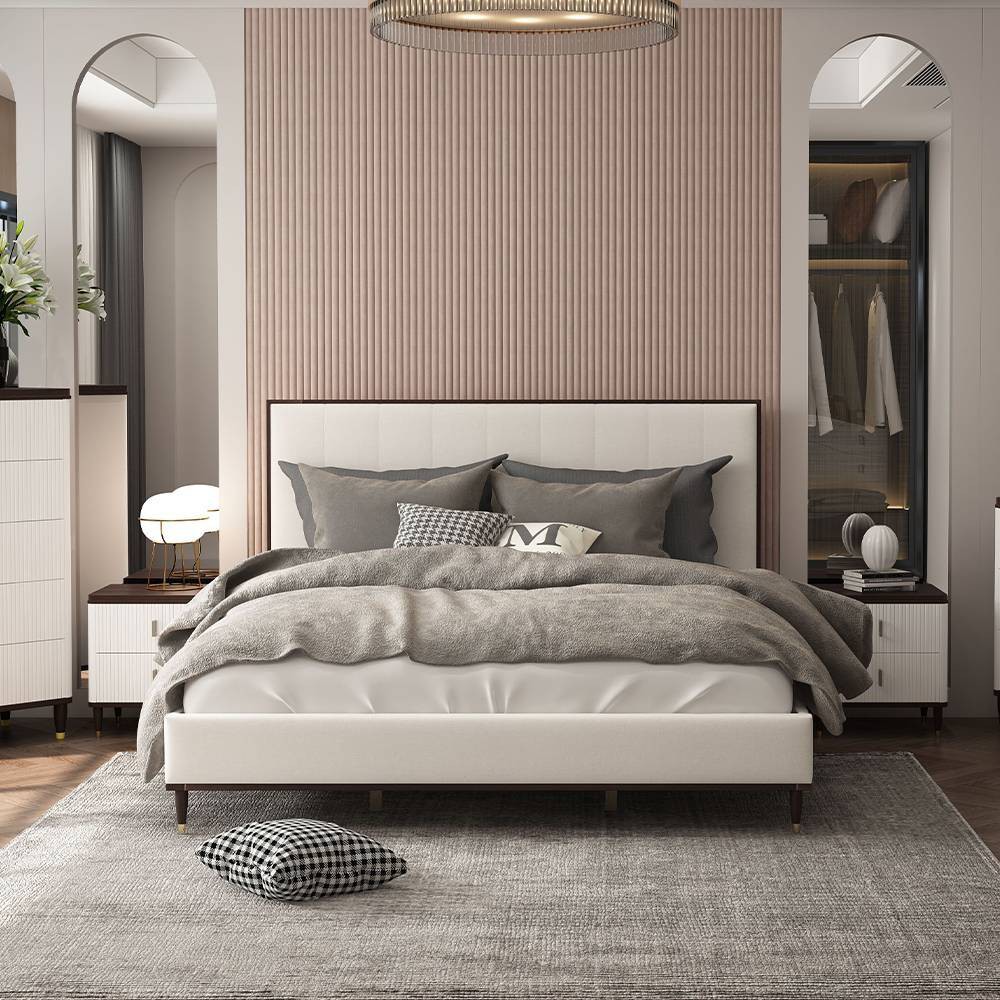Photos - Wardrobe 80.25" Eastern King Bed Carena Bed Light Gray Fabric White Brown Finish 