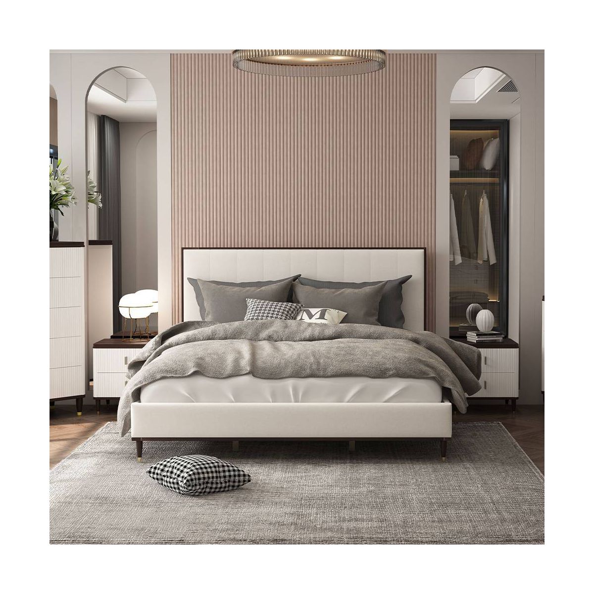 80.25" Eastern King Bed Carena Bed Light Gray Fabric White Brown Finish - Acme Furniture: Contemporary Upholstered Wood Frame - thumbnail 7
