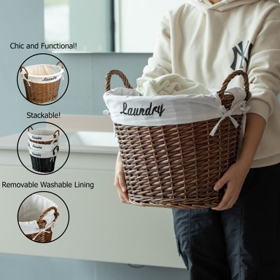 Handwoven Brown Wicker Laundry Hamper with Liner and Handles