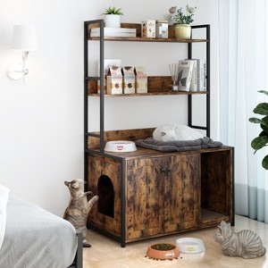 Litter Box Enclosure with 2 Storage Shelves Wooden Hidden Cat Litter Box Enclosure Furniture with 2 Door - 1 of 4