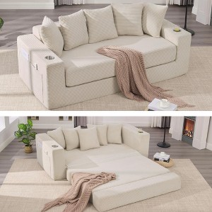 QingMoon Pull Out Loveseat Sofa, Foldable Floor Couch Bed, Corduroy Boneless Sofa with 5 Pillows, Side Pocket, Cup Holders for Living Room, Bedroom - 1 of 4