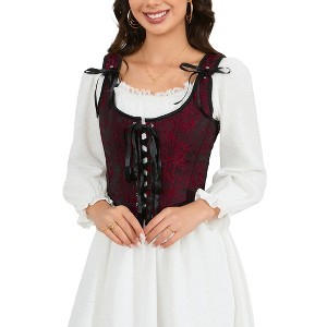 KOJOOIN Women's Vintage Floral Corset Lace-Up Fishbone Print Vest Renaissance pirate costume Dark red rose L - 1 of 4