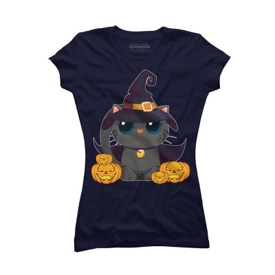 Junior's Design By Humans Black Cat With Jack O Lantern Halloween Shirt By thebeardstudio T-Shirt