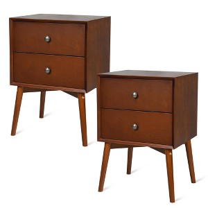 Costway 2PCS Nightstand Mid-Century End Side Table 2 Drawer Rubber Wood Legs Living Room - 1 of 4