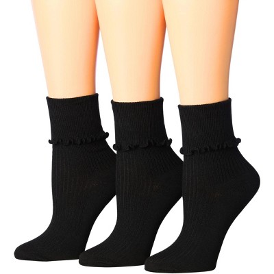 Tipi Toe Womens Black Solid Lettuce Edge Lightweight Crew Length With Cuff Ruffle Socks