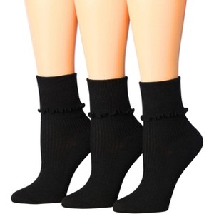 Tipi Toe Womens Black Solid Lettuce Edge Lightweight Crew Length With Cuff Ruffle Socks - 1 of 1