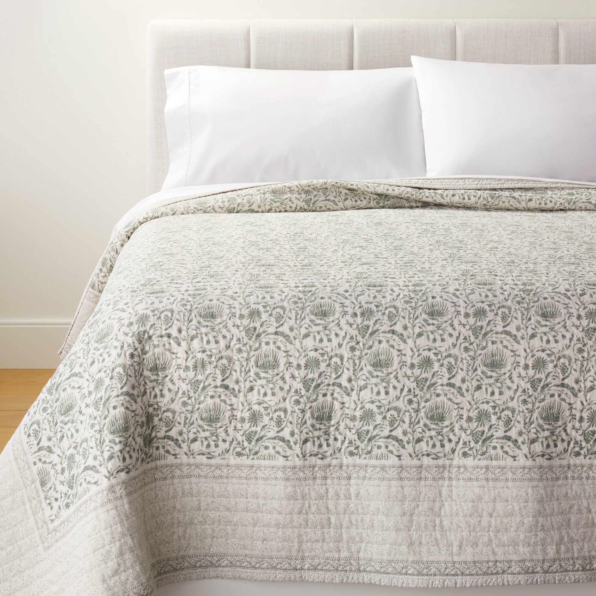 King Decorative Border Cotton Slub Print Quilt Light Teal Green – Threshold™ designed with Studio McGee: Floral Botanical Pattern