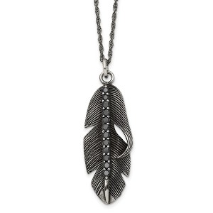 Chisel Stainless Steel Antiqued and with Black Cubic Zirconia Feather Pendant on a 20" Singapore Chain Necklace - 1 of 4