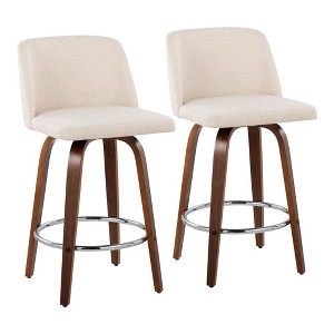 Fabric Padded Mid-Century Modern Counter Stool with Round Metal Footrest on Wood Legs for Kitchen Island or Home Bar, Set of 2 - 1 of 4