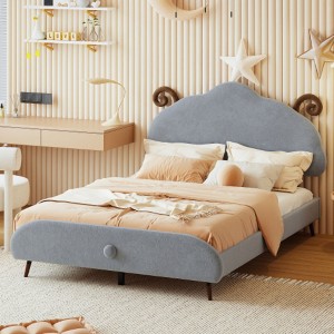 Full Size Upholstered Platform Bed with Sheep-Shaped Headboard, White - 1 of 4