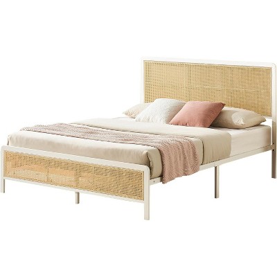 Rattan Bed Frame with Headboard, Modern Boho Cane Platform Bed, Heavy Duty Steel Slat Support, Noise-Free, No Box Spring Needed