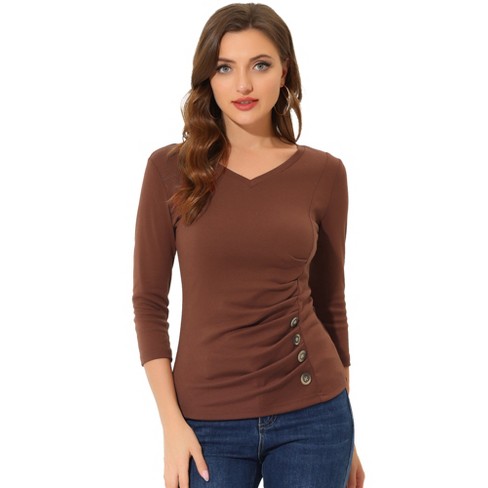 Allegra K Women's V Neck 3/4 Sleeves Solid Knitted Buttons Decor