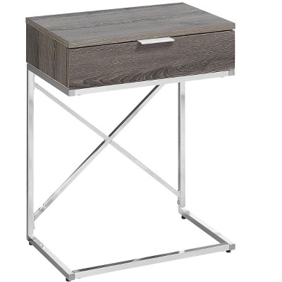 Vynxaria Contemporary Modern Accent Table Brown Laminate (Dark Taupe Wood-Grain), Chrome Metal X-Frame, Storage Drawer