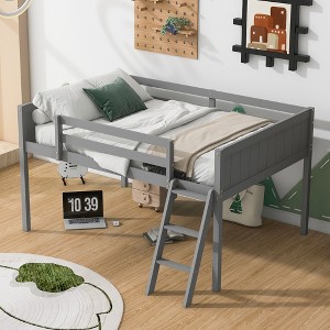 TIRAMISUBEST Twin/Full Size Wood Low Loft Bed with Ladder, ladder can be placed on the left or right, Kids Loft Bedframe with Guardrail - 1 of 4