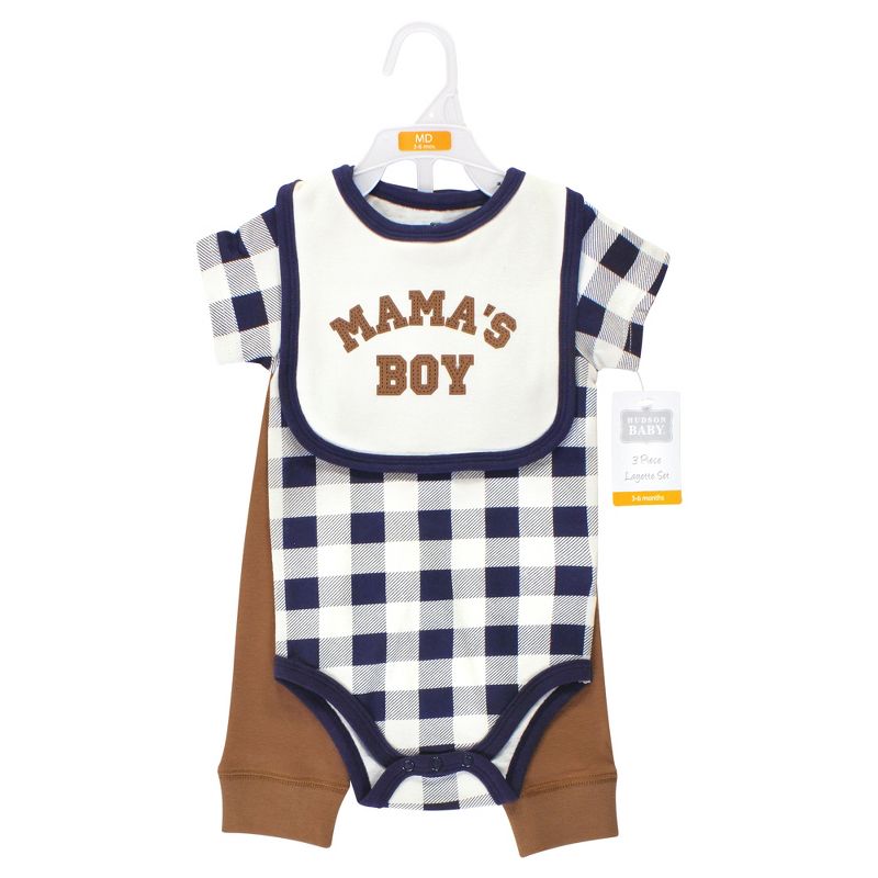 Hudson Baby Infant Boy Cotton Bodysuit, Pant and Bib Set, Brown Navy Mamas Boy, 2 of 6