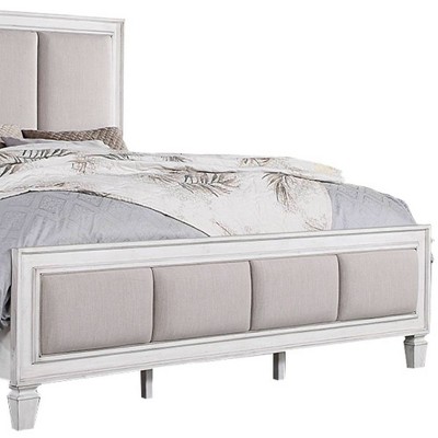 Katia King Bed with Light Gray Linen Upholstered Headboard and Rustic White Frame