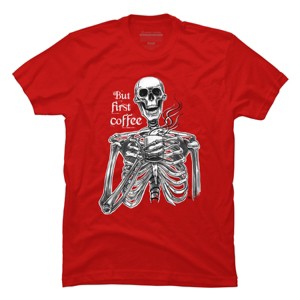 Men's Design By Humans Halloween skeleton drinking coffee. But first coffee By melazergDesign T-Shirt - 1 of 2