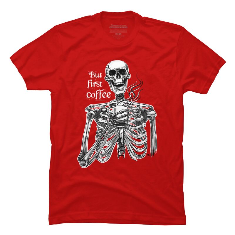 Men's Design By Humans Halloween skeleton drinking coffee. But first coffee By melazergDesign T-Shirt, 1 of 3