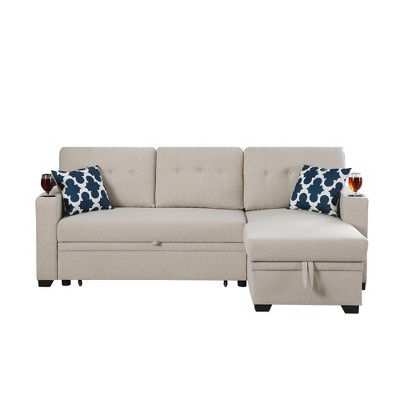 ChicFurnit Sectional Sofas 82 Inch with Storage Chaise and Cupholder Armrest Foam Cushions for Living Room, Beige, 53"*82"*34.5"