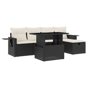 vidaXL 6 Piece Patio Sofa Set with Cushions Black and Cream - Without Storage - 1 of 4